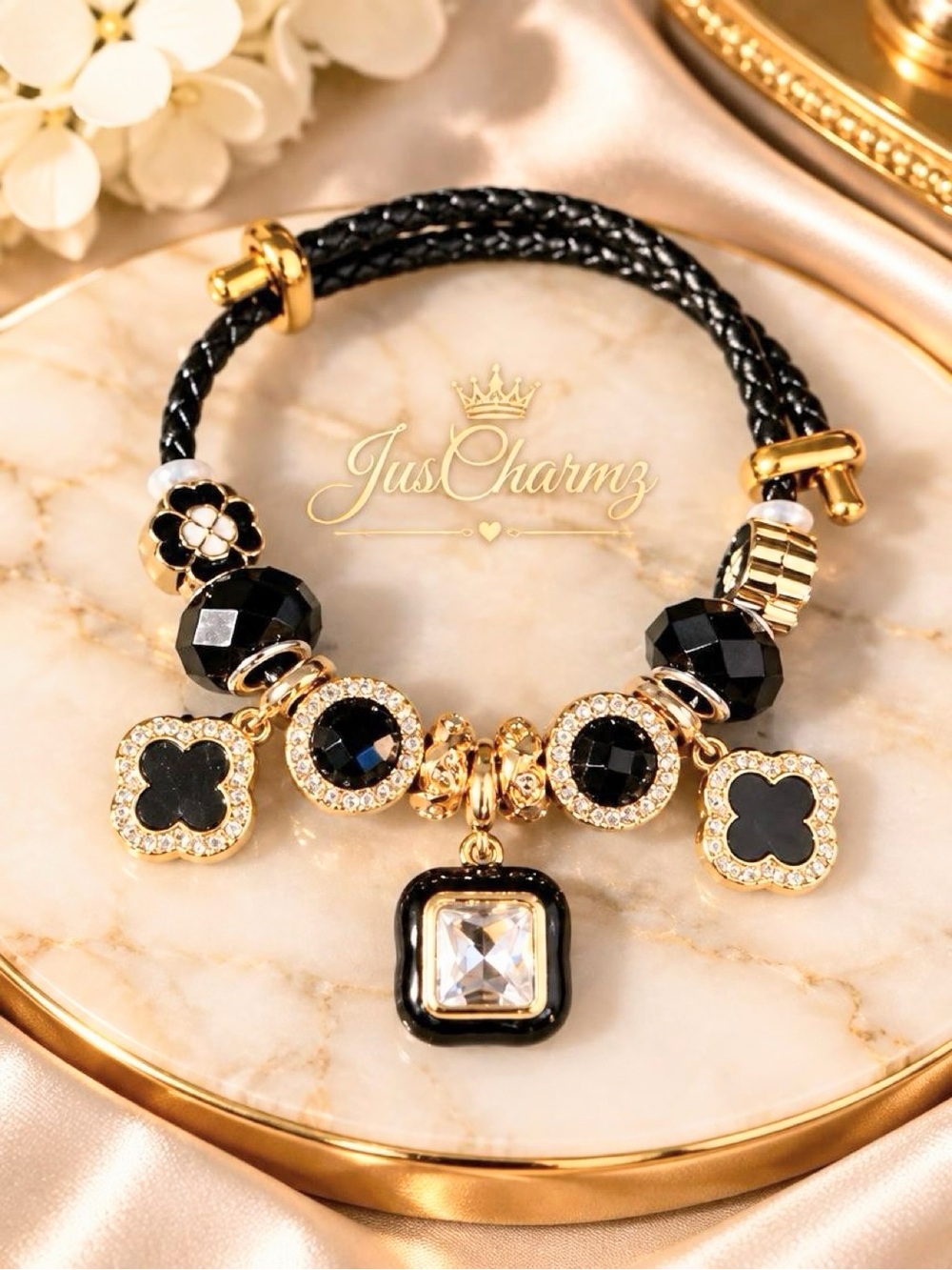 Chic Black Enamel Four-Leaf Clover Charm Bracelet | Braided Leather